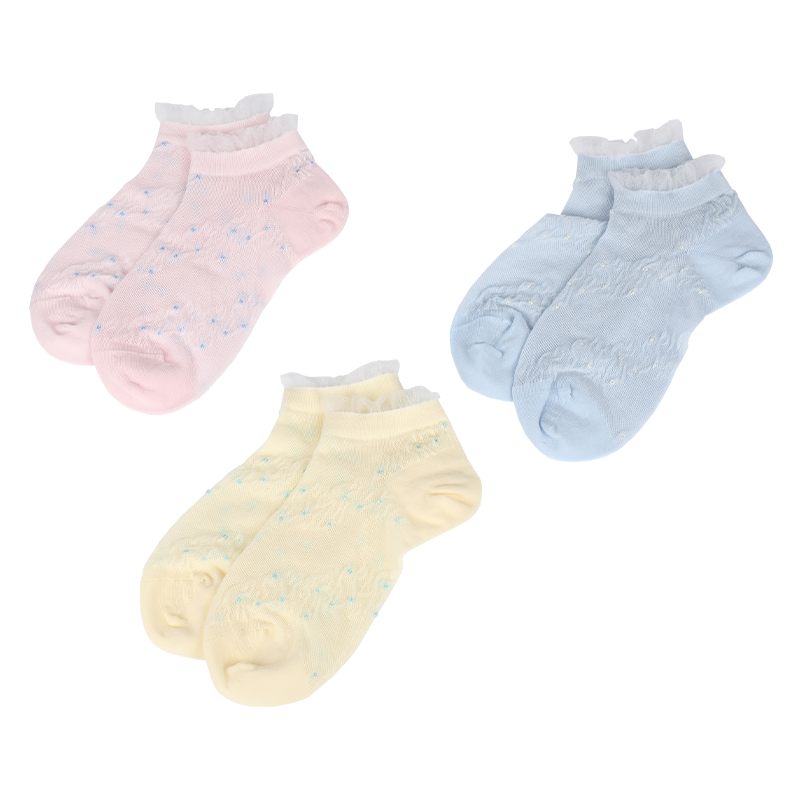 Wholesale or custom kids summer season breathable mesh and embossed pattern thin socks with lace