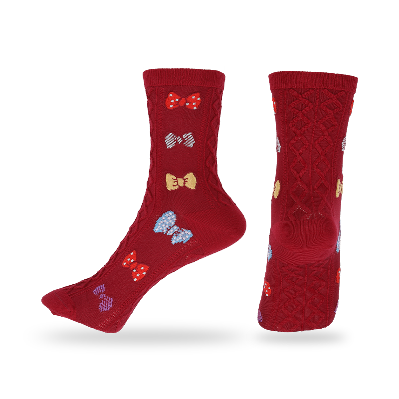 Wholesale or custom ladies fashion invisible toe middle tube socks with embossment bows 
