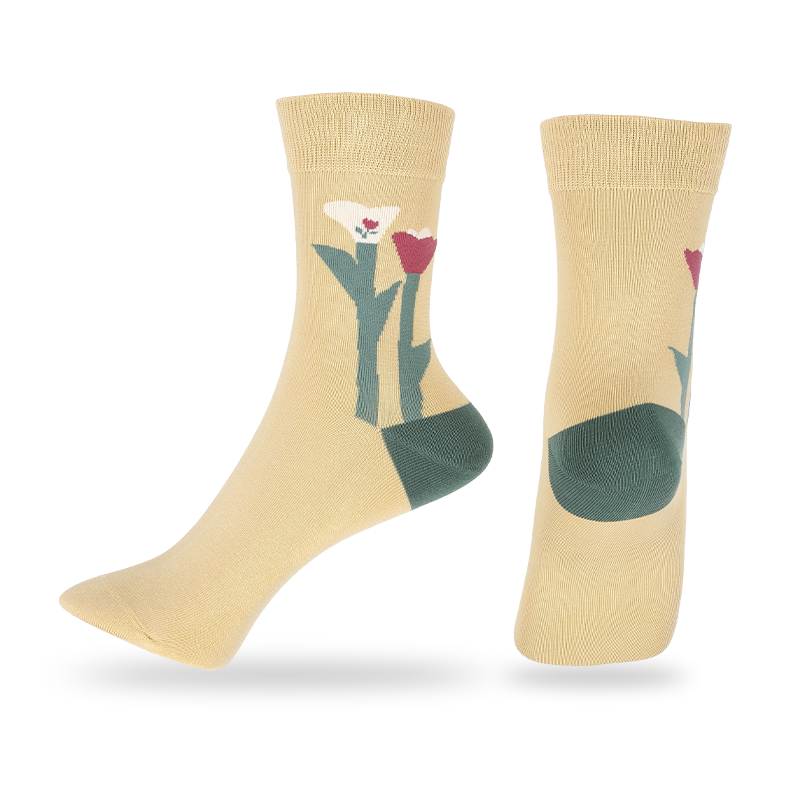 200N high-quality seamless handlinking ladies fashion crew socks with floral pattern