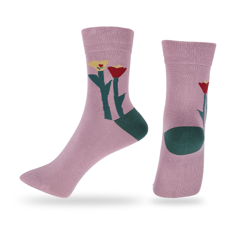 200N high-quality seamless handlinking ladies fashion crew socks with floral pattern