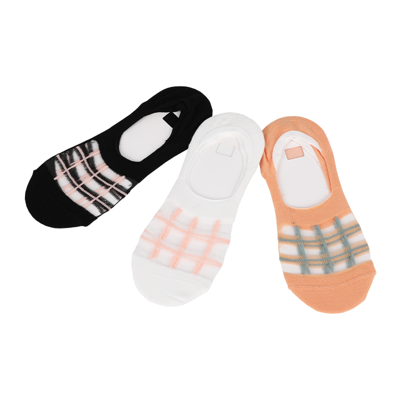 OEM ladies jacquard novelty transparent plaid pattern invisible boat no-show seamless socks with anti-slip silicone inside of heel