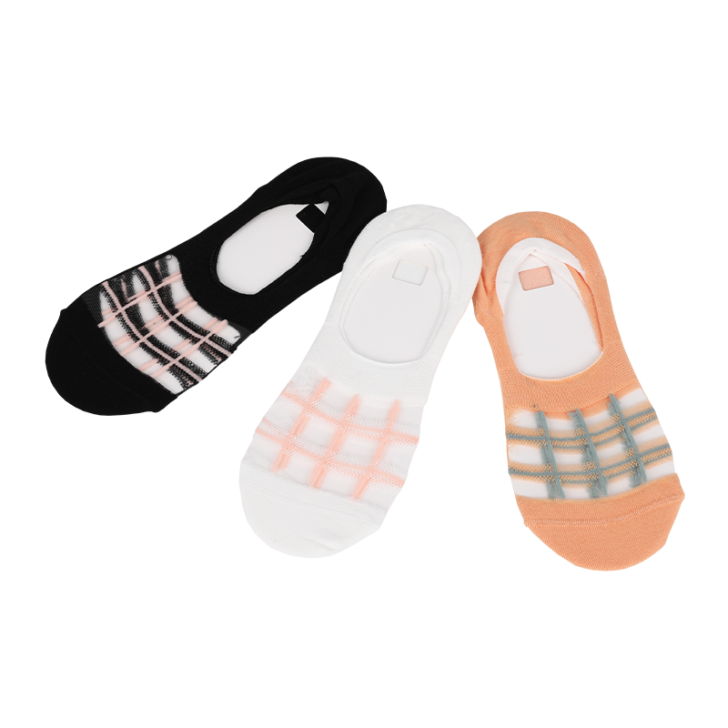 OEM ladies jacquard novelty transparent plaid pattern invisible boat no-show seamless socks with anti-slip silicone inside of heel