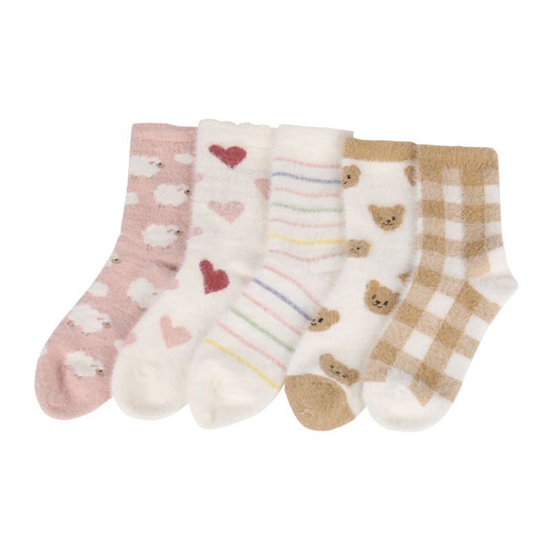  Velvet soft downy artificial mink hair yarn winter thick thermal warm invisible seamless toe socks 